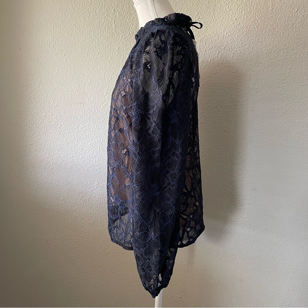 NWT WAYF Emma Puff Sleeve Lace Top Blouse Womens S Navy Floral Mock Neck Elegant - Picture 7 of 15